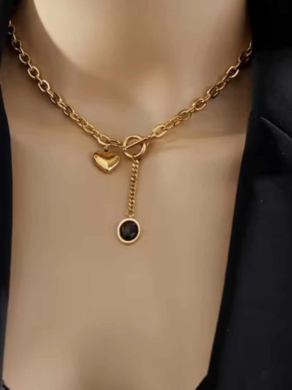 Stainless SteelGold Heart & Black Stone Toggle Necklace - Women Jewelry